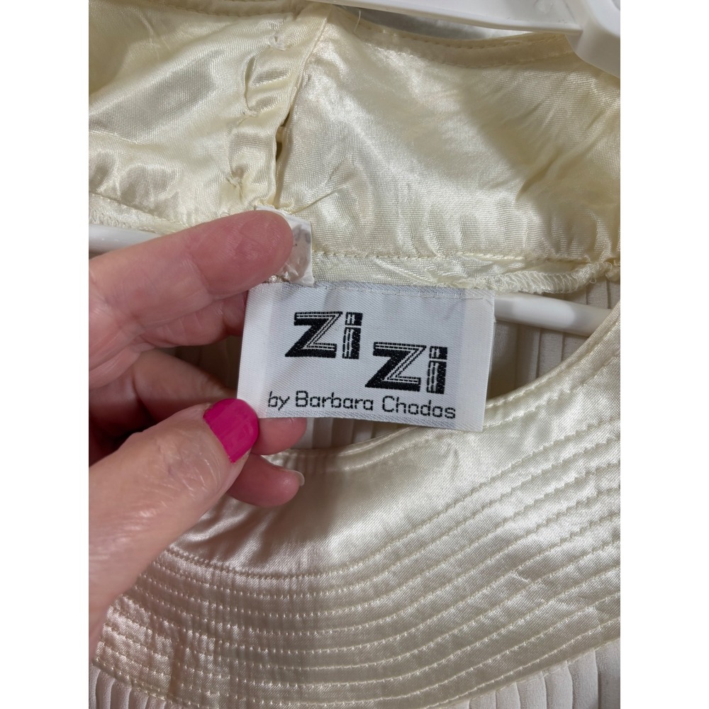 ZiZi by Barbara Chados Vintage Ivory Pleated Blouse Satin Trim Womens Large - Picture 5 of 6